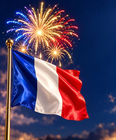 French Flag Waving Against Night Sky With Fireworks