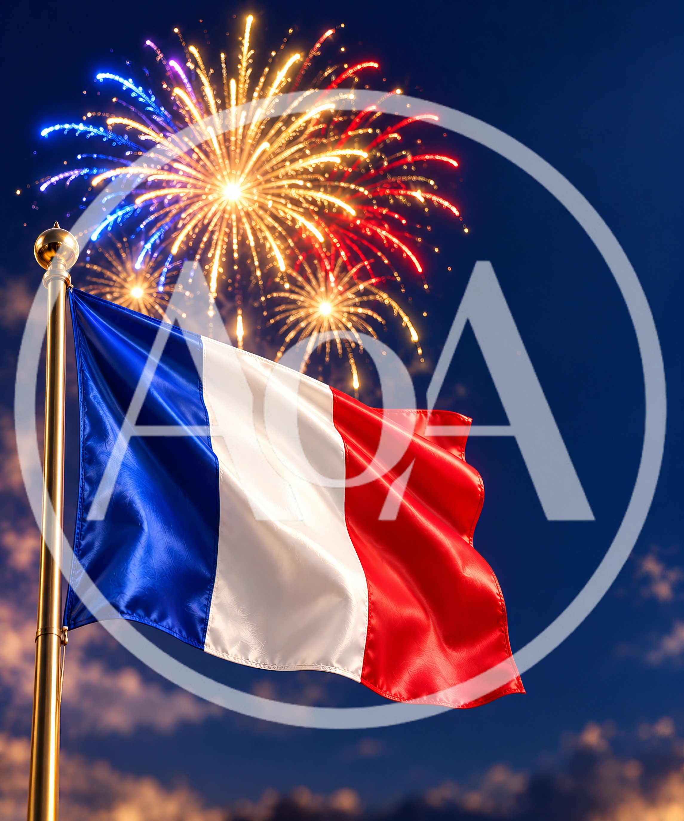 French Flag Waving Against Night Sky With Fireworks