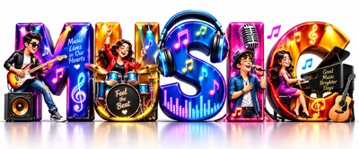 Musical Band Members Performing Around Large 3D Letters