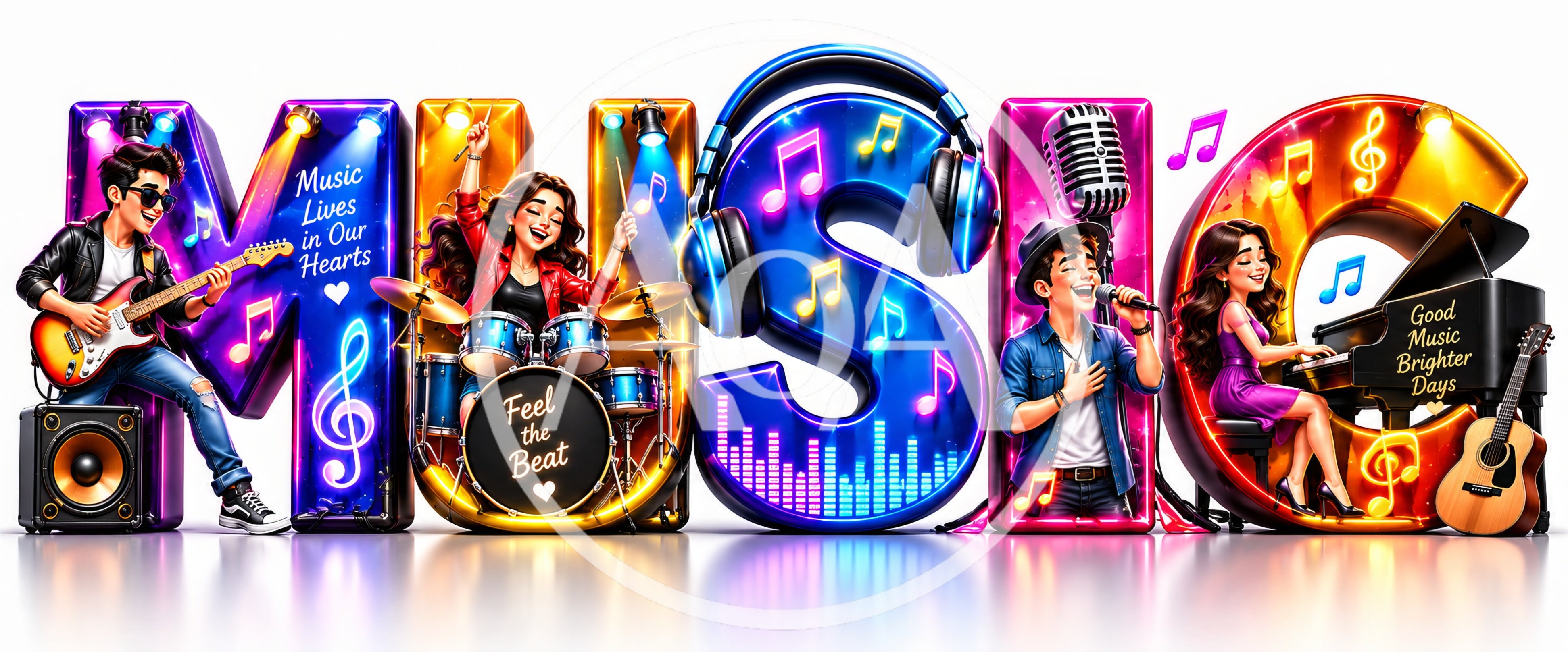 Musical Band Members Performing Around Large 3D Letters