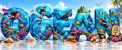 Ocean Themed Typography With Underwater Activities And Marine Life
