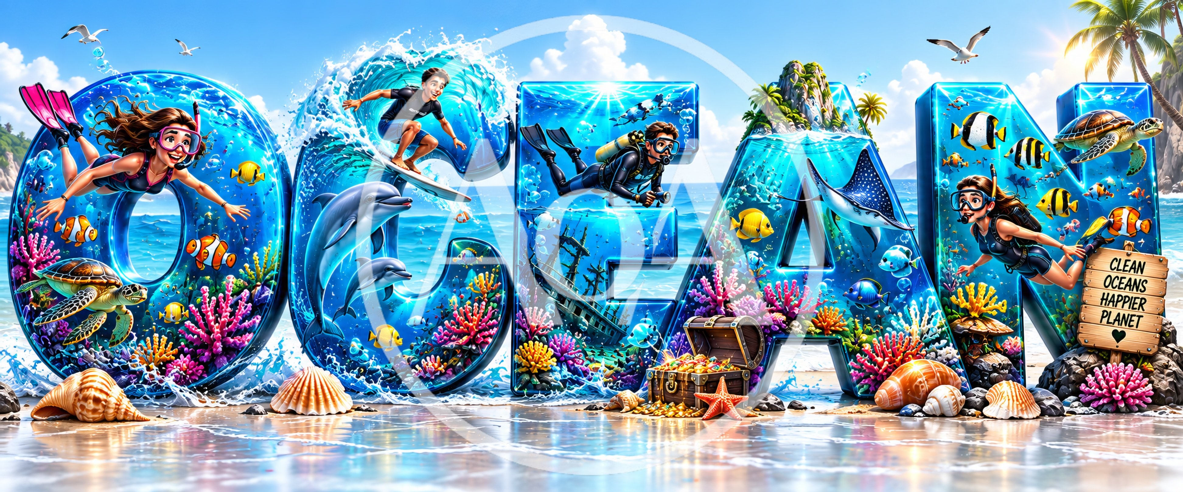 Ocean Themed Typography With Underwater Activities And Marine Life