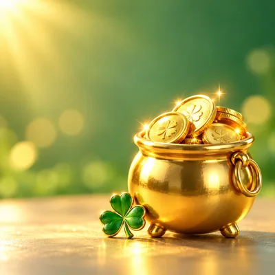 Golden Pot Of Gold Coins With Shamrock
