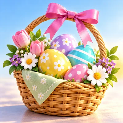 Easter Basket With Decorated Eggs And Spring Flowers