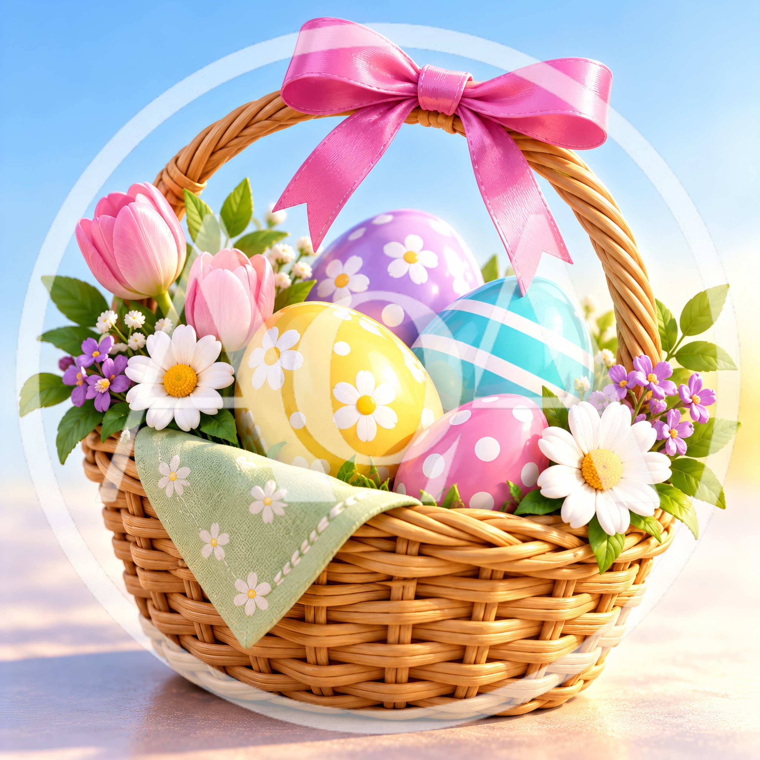 Easter Basket With Decorated Eggs And Spring Flowers