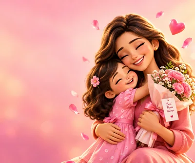 Mother and Daughter Embracing with Flowers