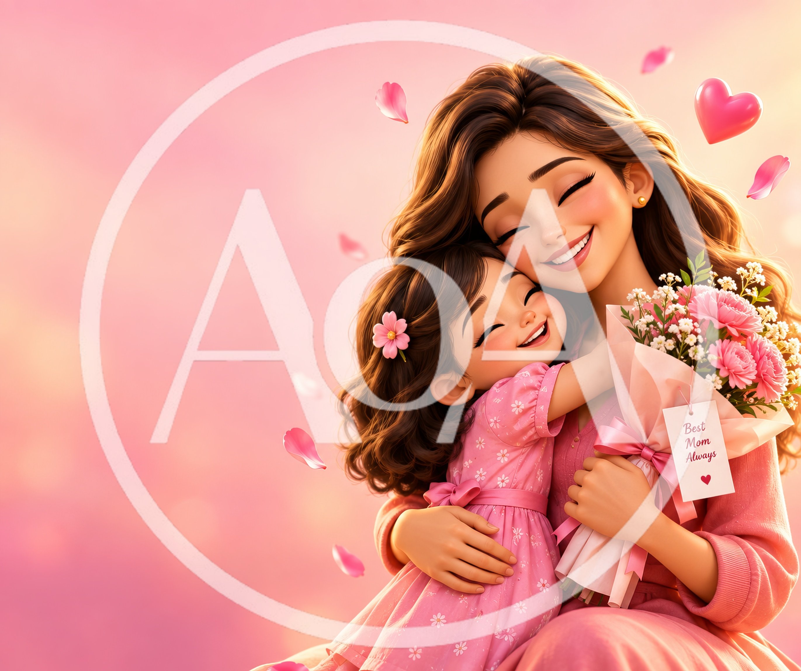 Mother and Daughter Embracing with Flowers