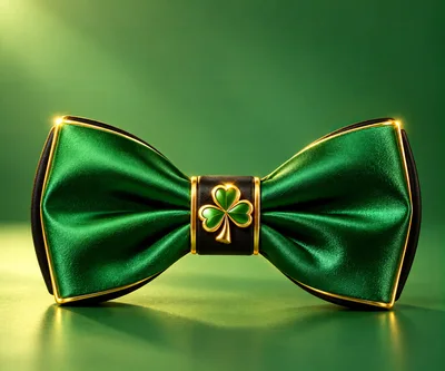 Elegant Green Satin Bow Tie With Gold Shamrock Emblem