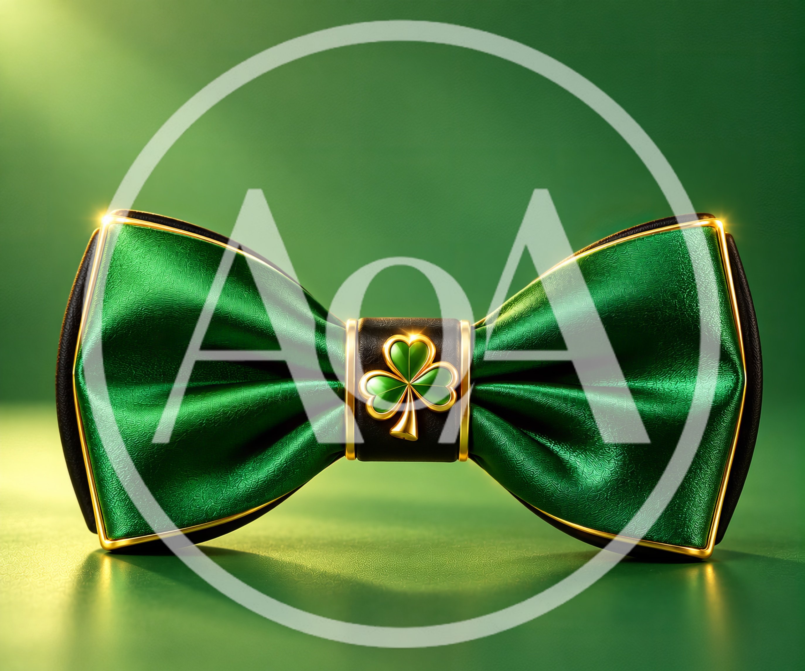 Elegant Green Satin Bow Tie With Gold Shamrock Emblem
