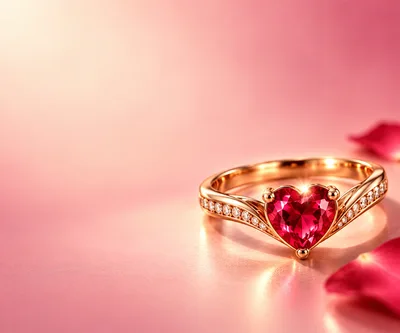 Heart Shaped Ruby Engagement Ring on Pink Background