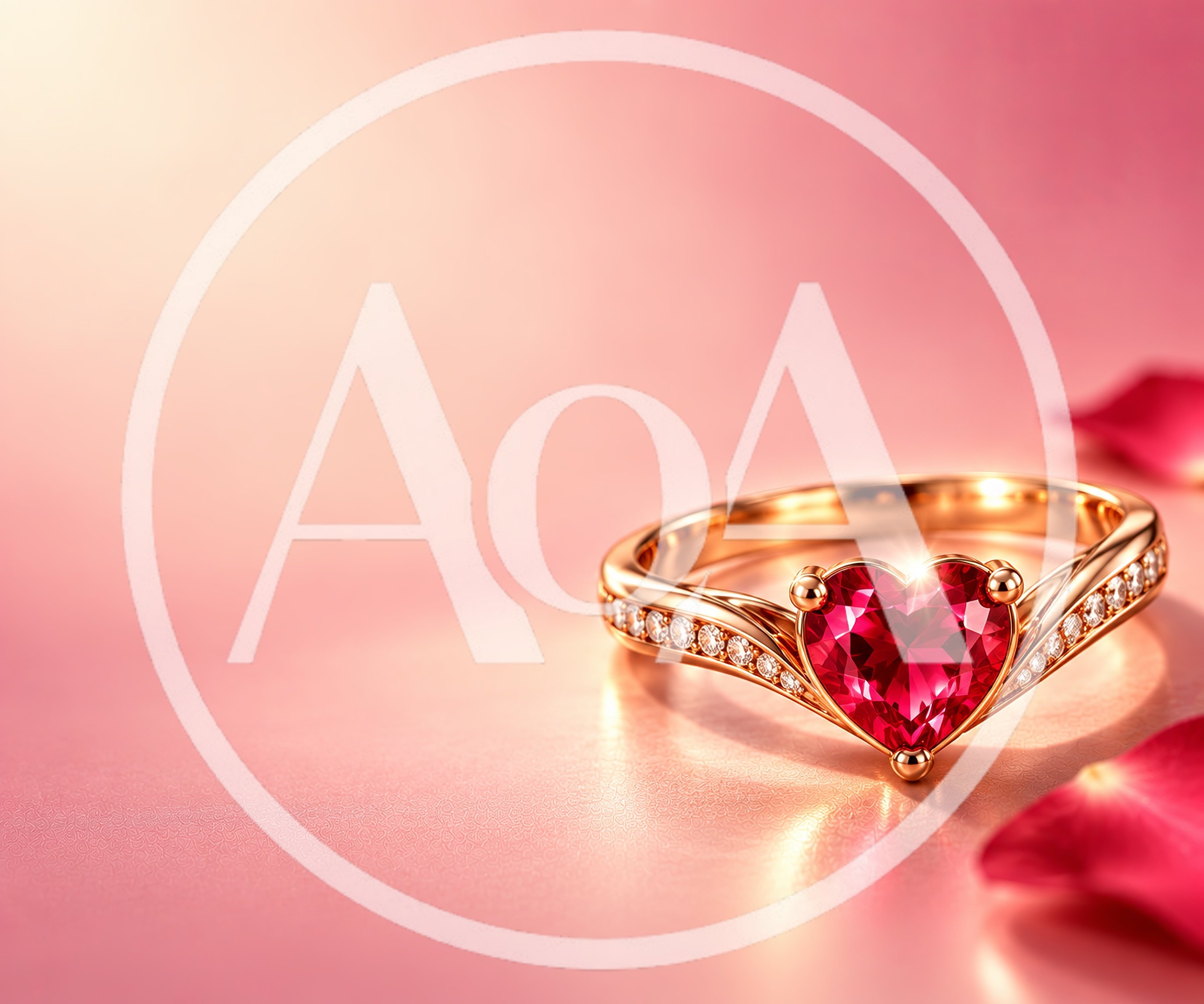 Heart Shaped Ruby Engagement Ring on Pink Background