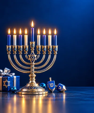Golden Hanukkah Menorah With Lit Candles And Dreidels