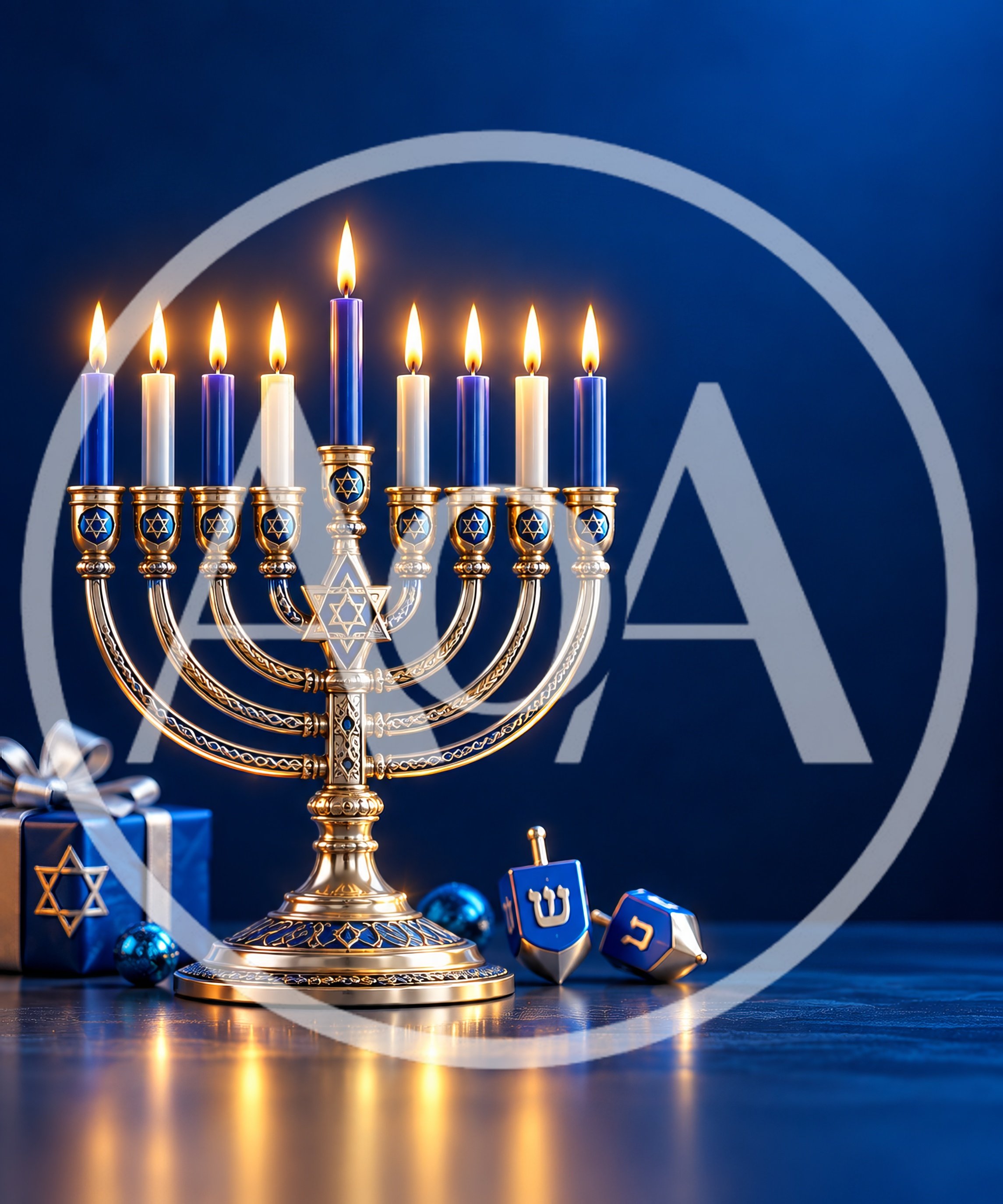 Golden Hanukkah Menorah With Lit Candles And Dreidels