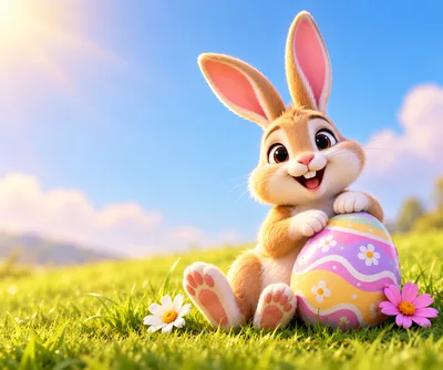 Cute Easter Bunny Sitting With Decorated Egg