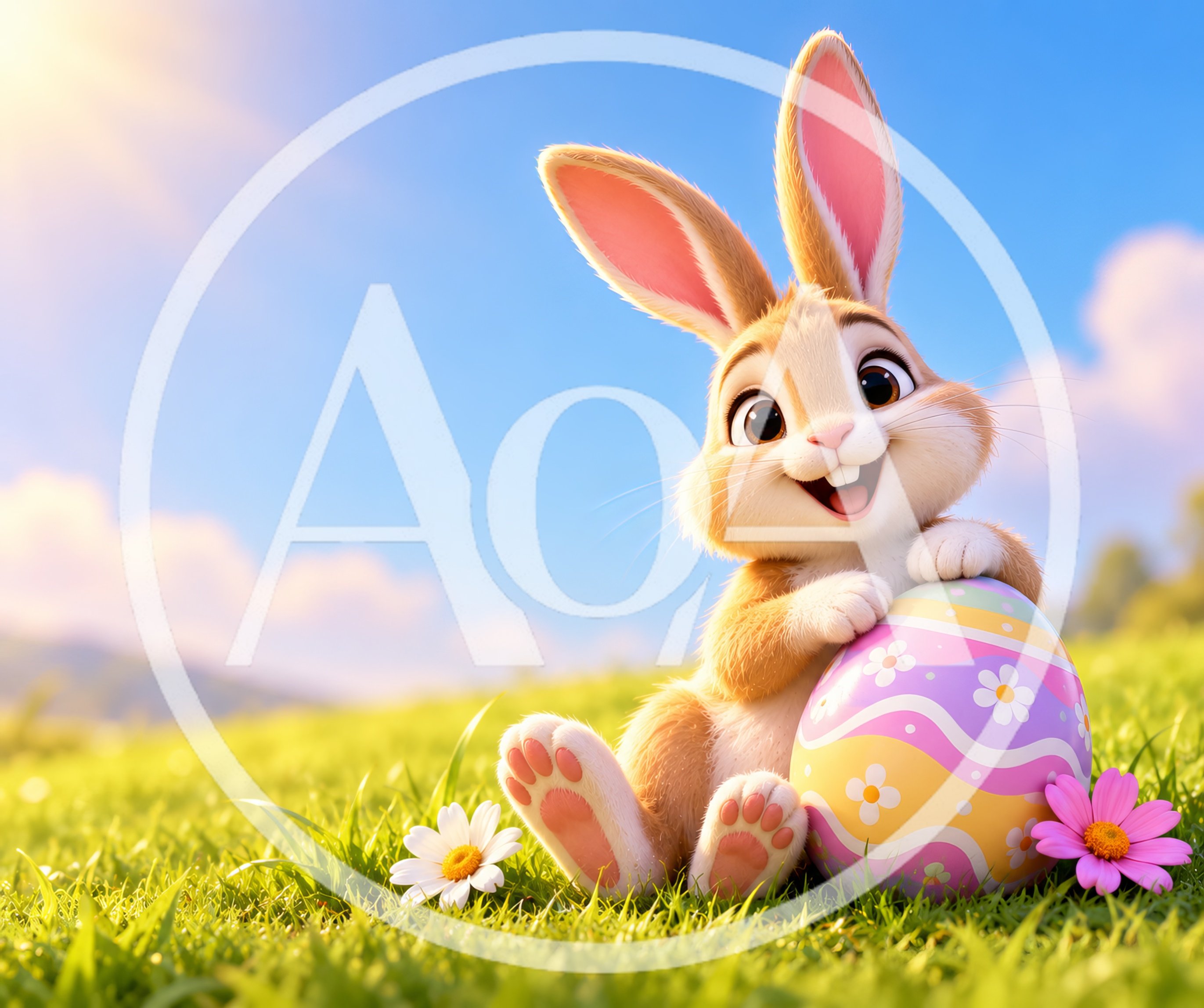 Cute Easter Bunny Sitting With Decorated Egg