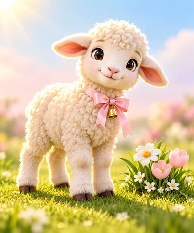 Adorable Fluffy Lamb With Pink Bow In Sunny Meadow