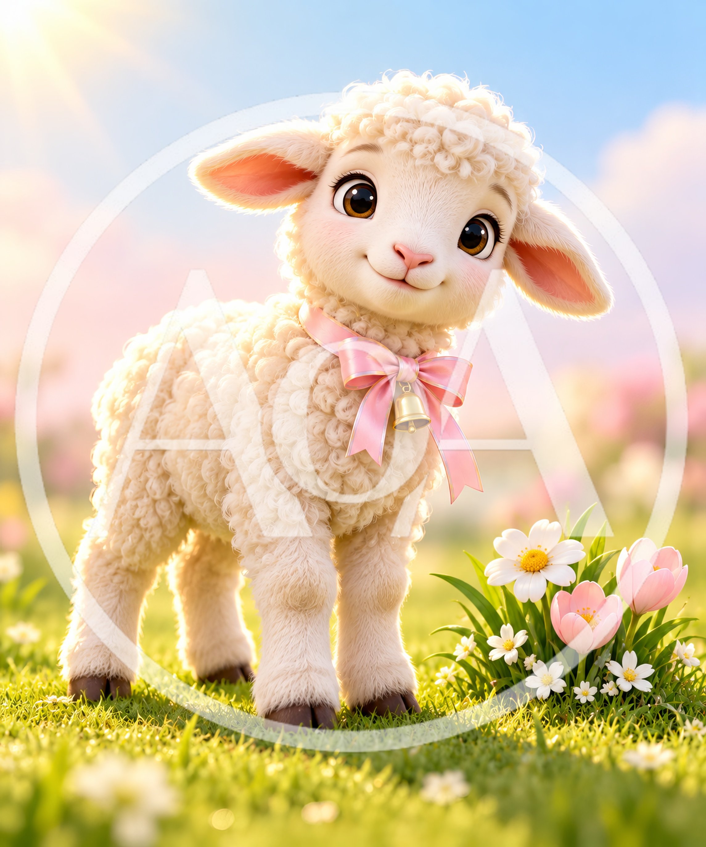 Adorable Fluffy Lamb With Pink Bow In Sunny Meadow