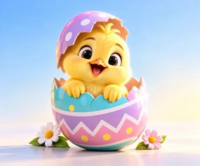 Cute Baby Chick Hatching From Decorated Easter Egg