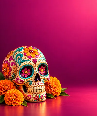 Sugar Skull With Marigold Flowers On Pink Background