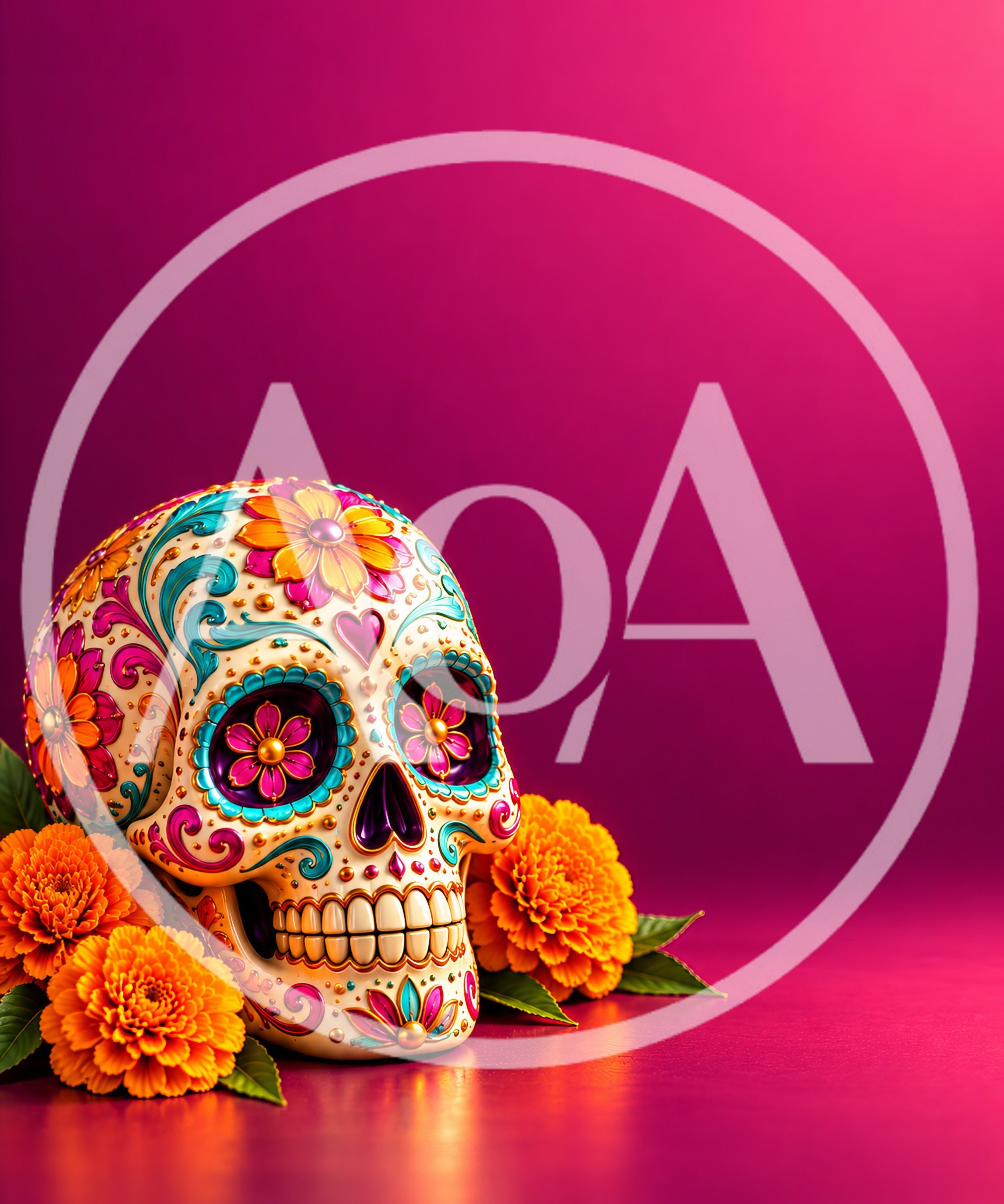 Sugar Skull With Marigold Flowers On Pink Background