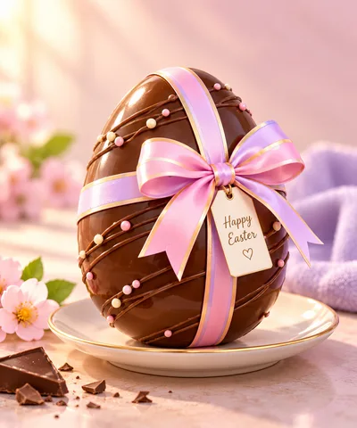 Chocolate Easter Egg With Pink Ribbon And Tag