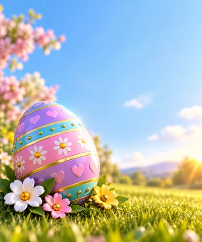 Decorative Easter Egg With Flowers In Sunny Meadow
