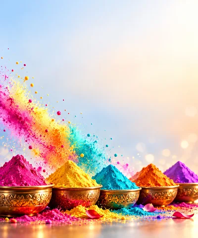 Colorful Holi Powder Piles in Decorative Bowls