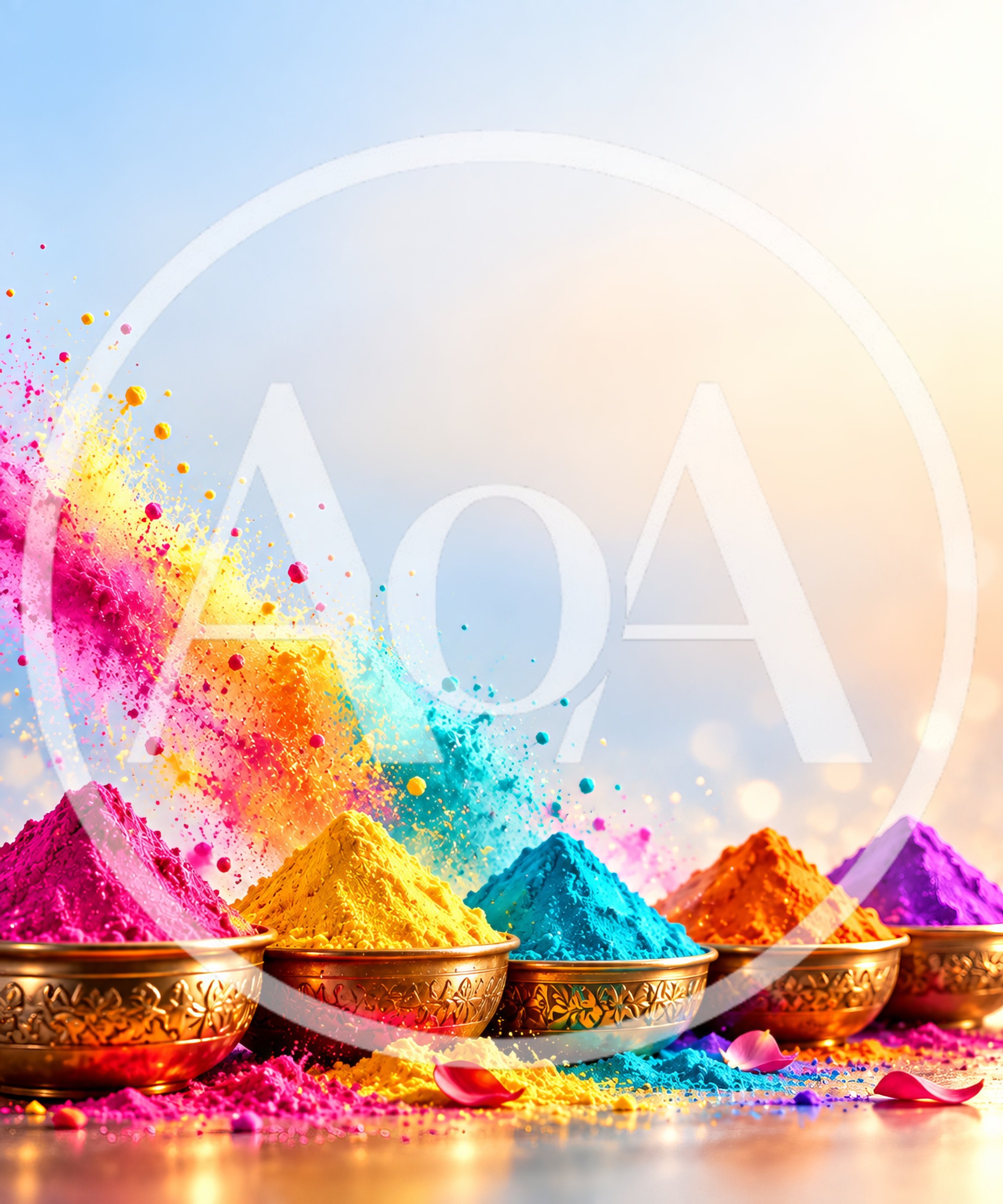 Colorful Holi Powder Piles in Decorative Bowls
