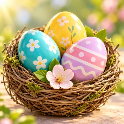 Three Decorated Easter Eggs in a Woven Nest