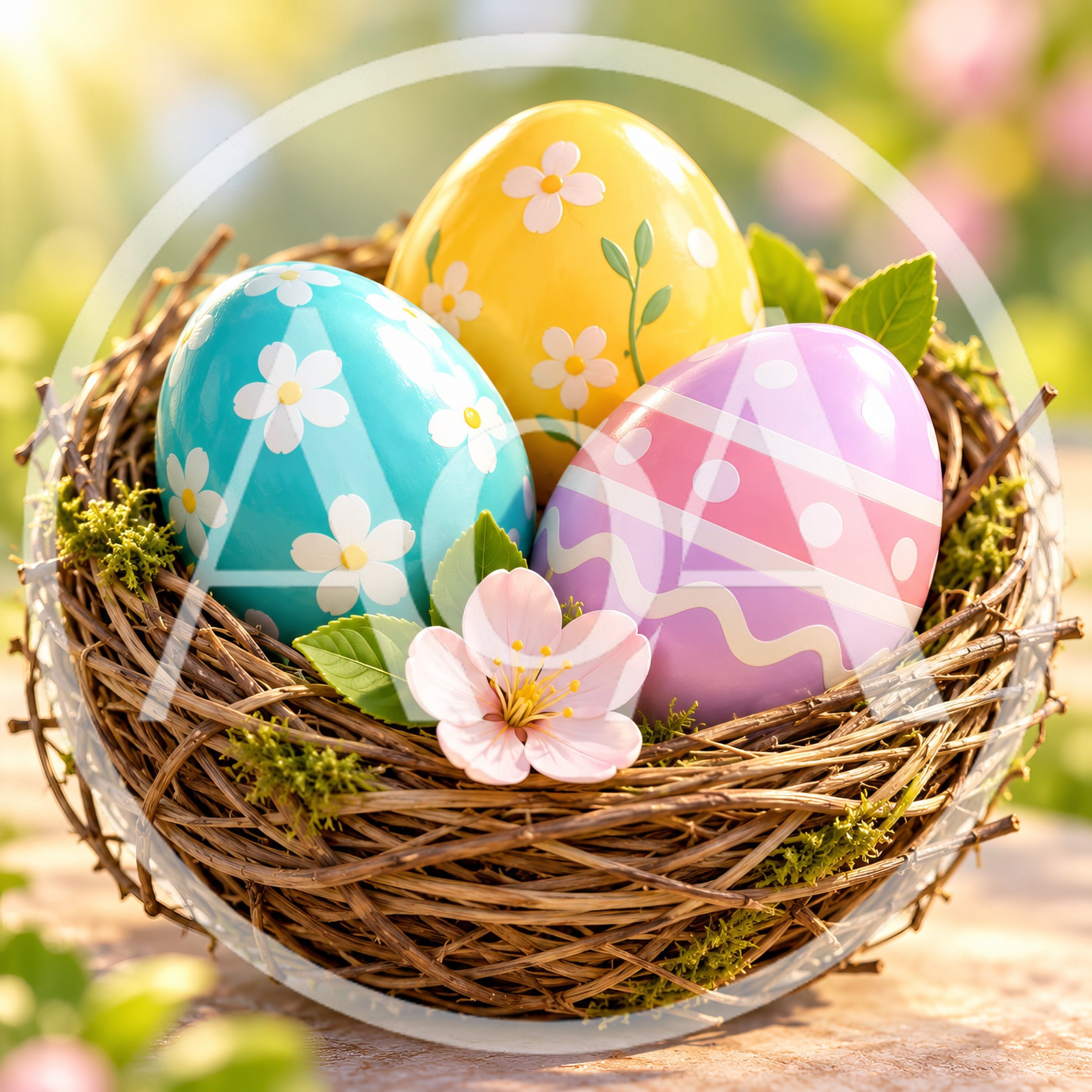 Three Decorated Easter Eggs in a Woven Nest