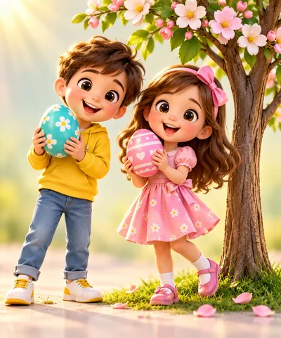 Cute Cartoon Children Holding Easter Eggs Under Blossoming Tree