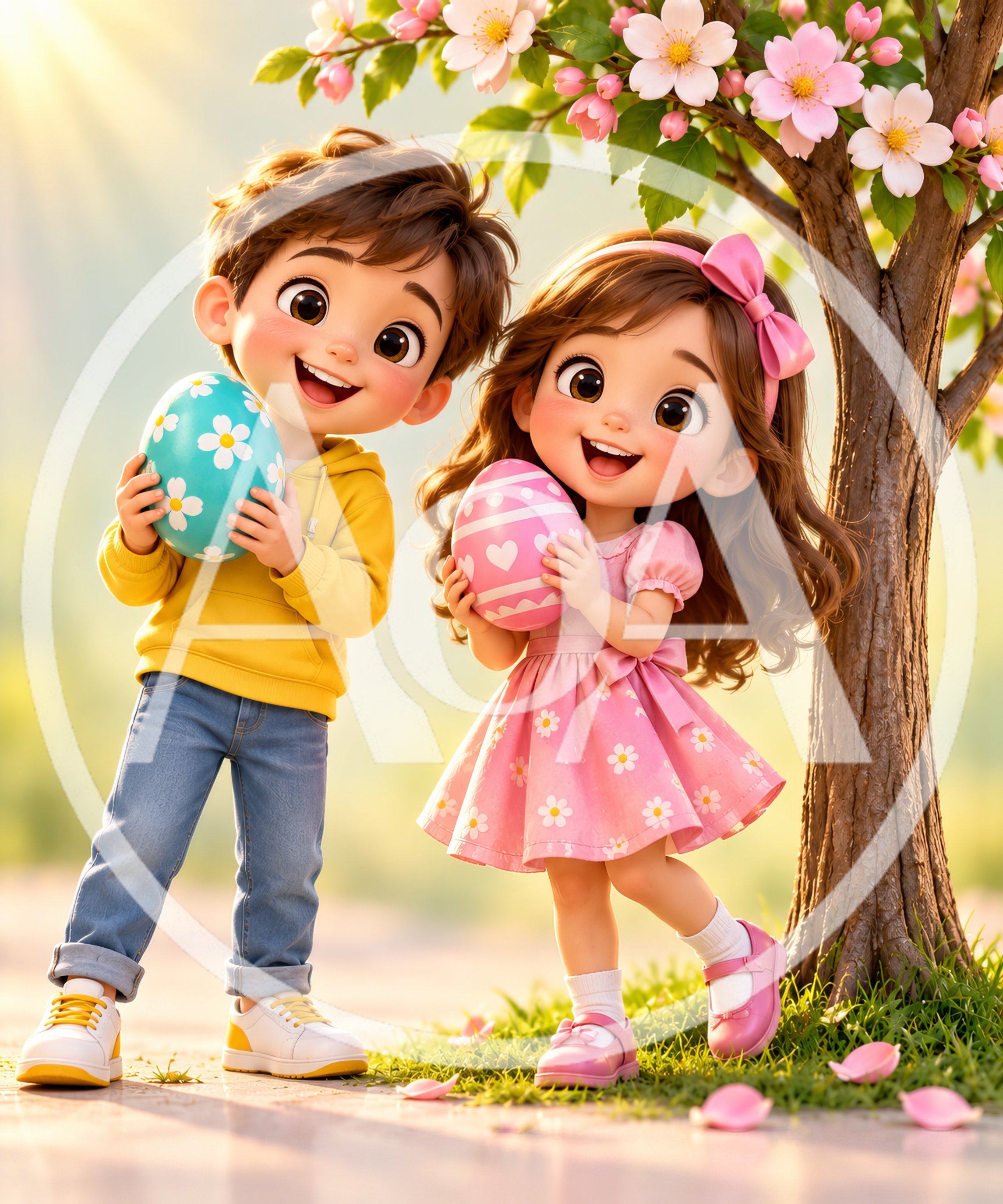 Cute Cartoon Children Holding Easter Eggs Under Blossoming Tree