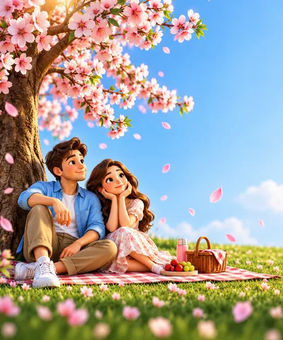 Young Couple Having A Romantic Picnic Under Cherry Blossoms