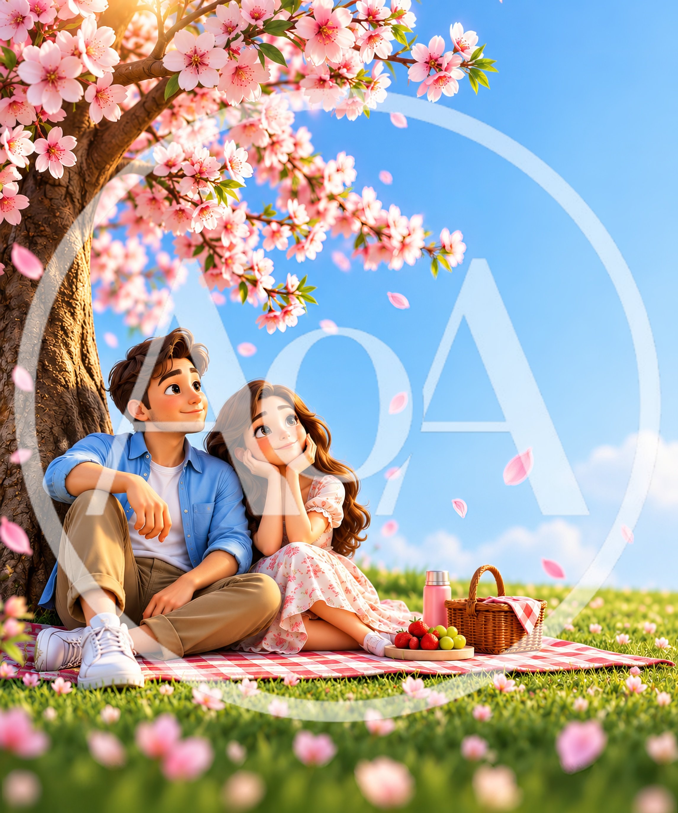 Young Couple Having A Romantic Picnic Under Cherry Blossoms