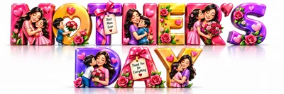 Mother's Day 3D Typography With Loving Family Illustrations