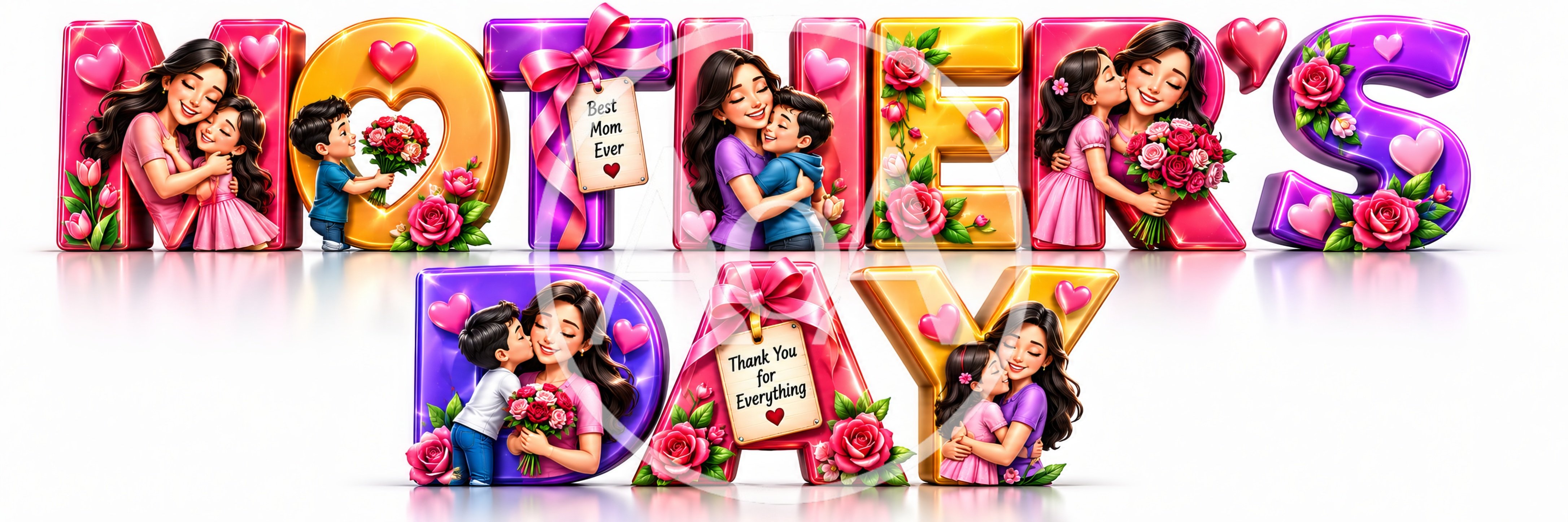 Mother's Day 3D Typography With Loving Family Illustrations