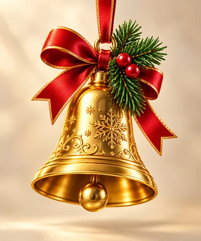 Golden Christmas Bell Ornament With Red Ribbon