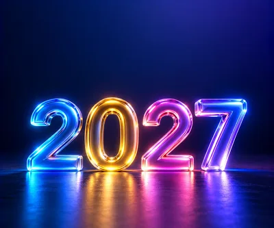 Neon Glowing 2027 Year Sign on Reflective Surface