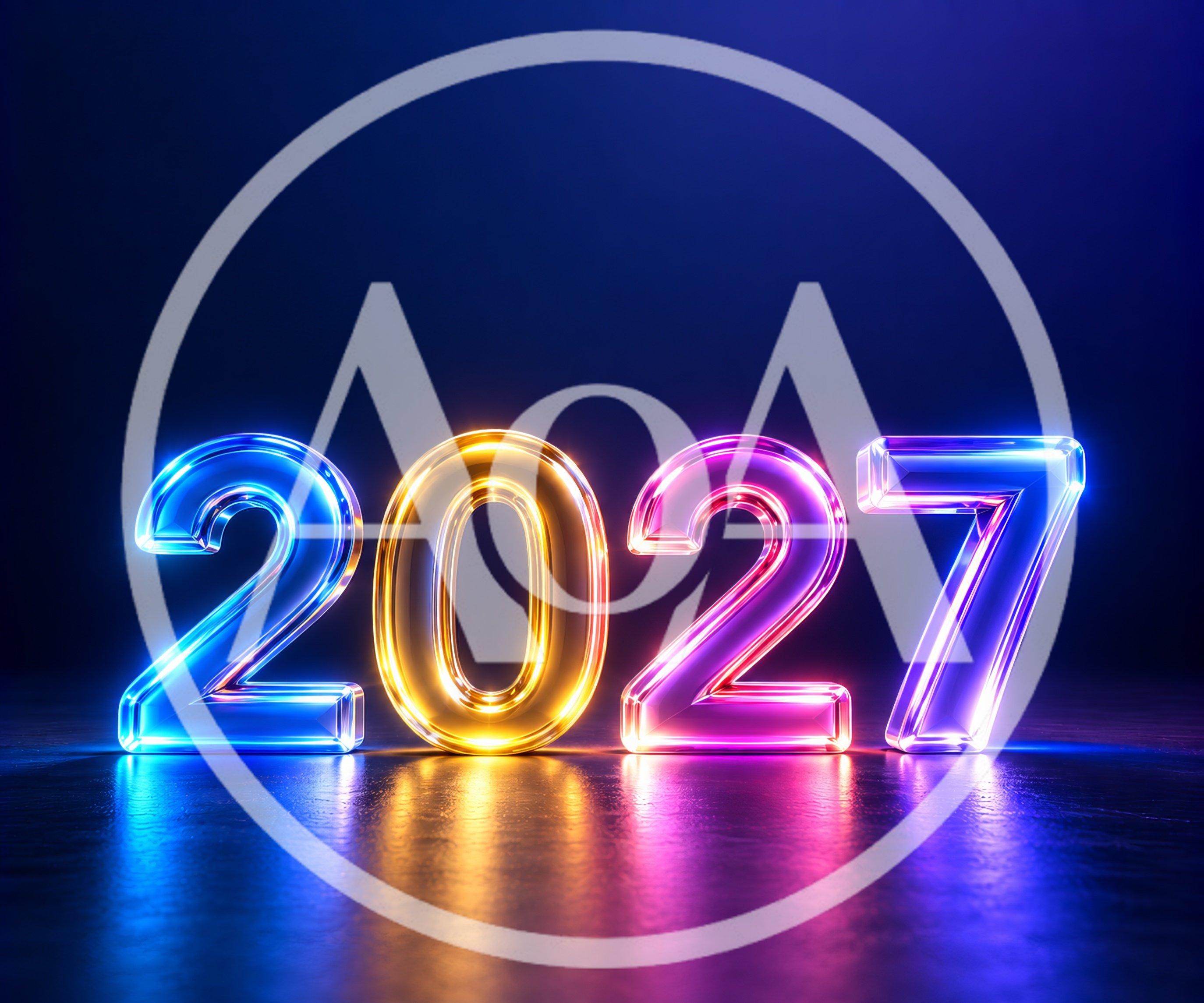 Neon Glowing 2027 Year Sign on Reflective Surface