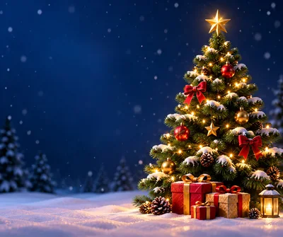 Decorated Christmas Tree With Gifts In Snowy Landscape