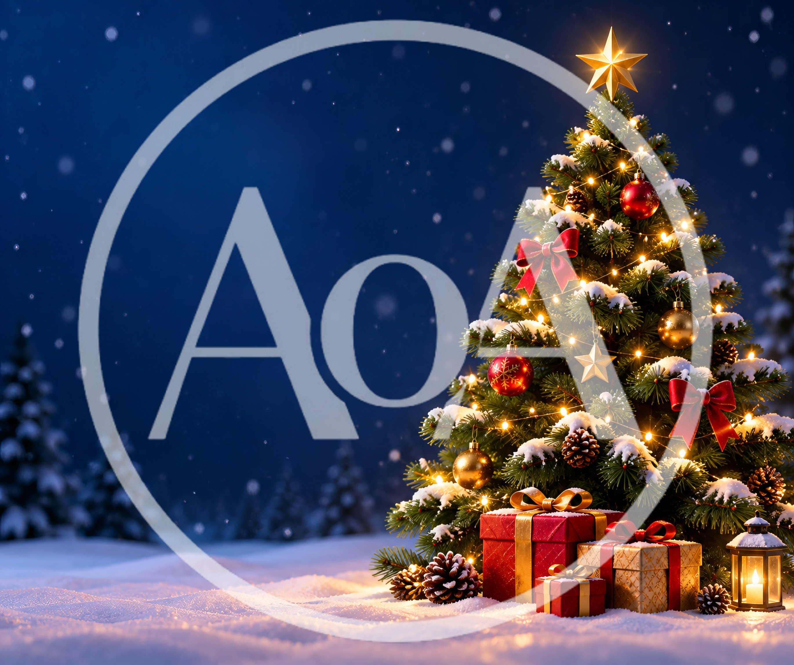 Decorated Christmas Tree With Gifts In Snowy Landscape