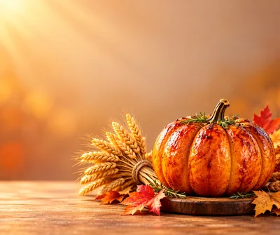 Roasted Pumpkin With Wheat Sheaf And Autumn Leaves