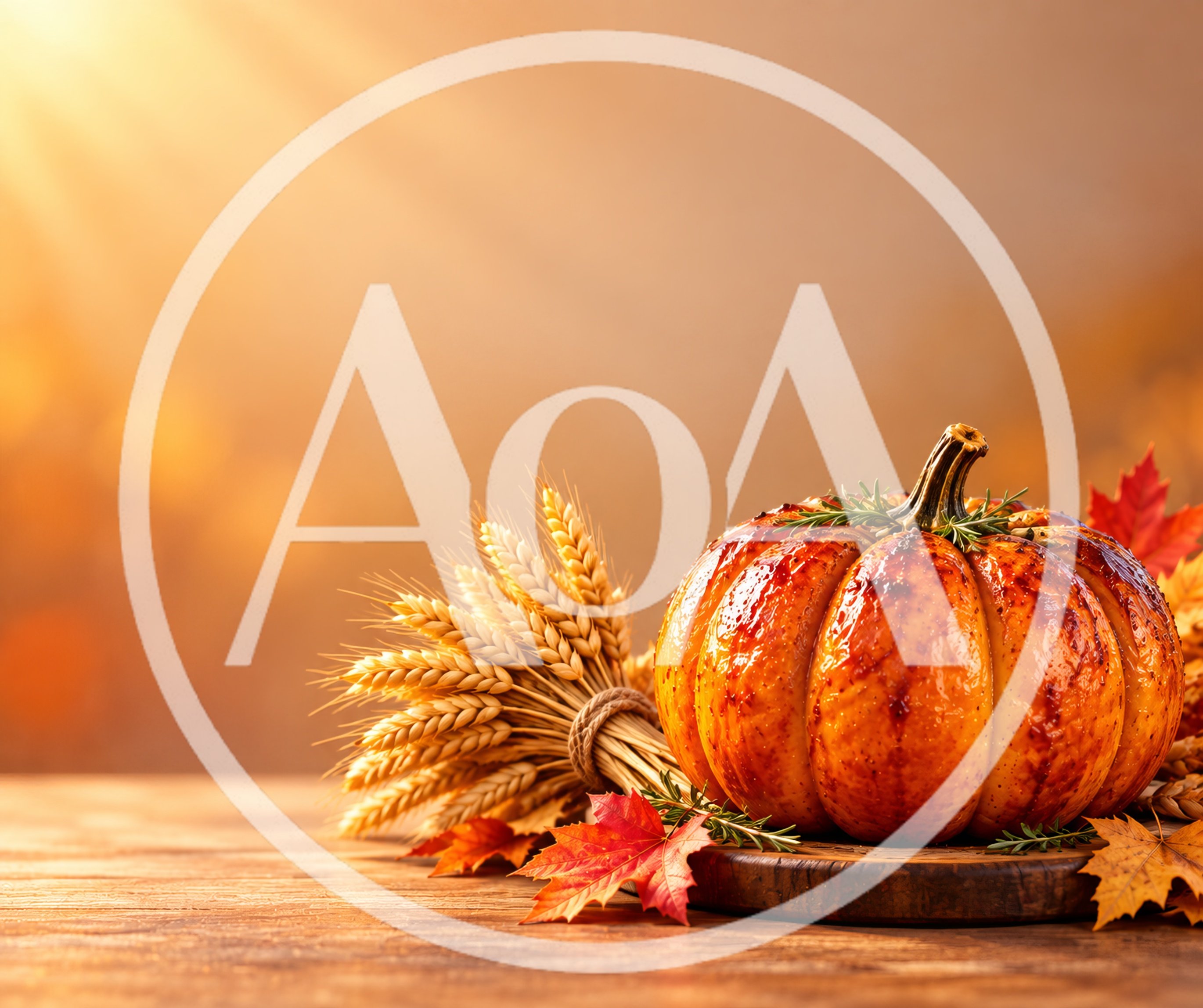 Roasted Pumpkin With Wheat Sheaf And Autumn Leaves