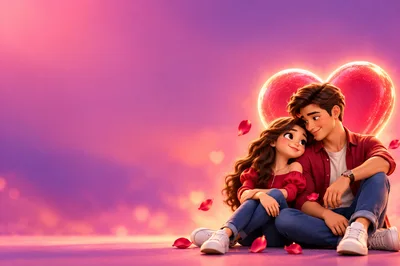 Young Couple Sitting Together Under A Glowing Heart