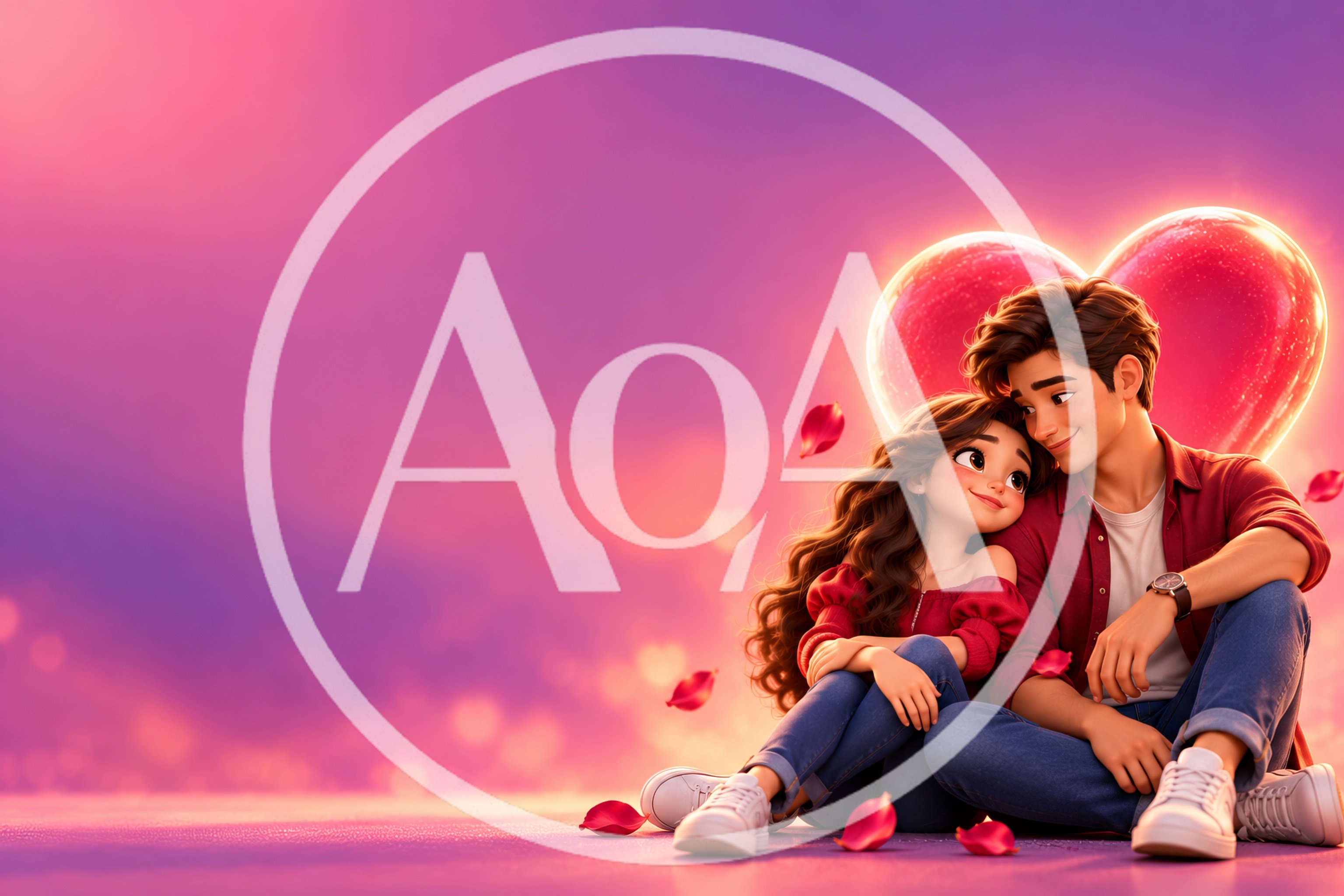 Young Couple Sitting Together Under A Glowing Heart