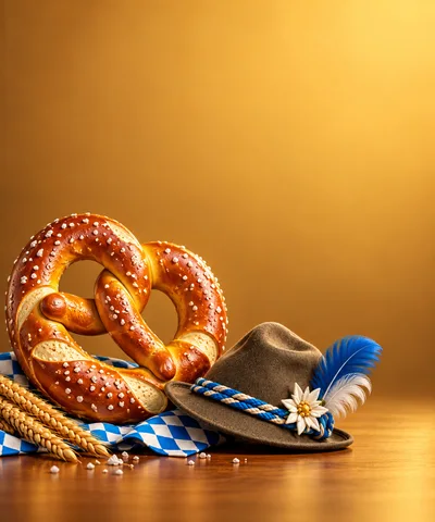 Traditional Bavarian Pretzel and Alpine Hat on Table