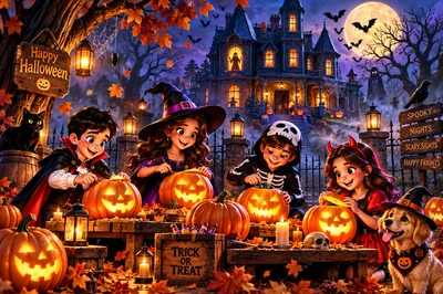 Children Carving Pumpkins for Halloween in Front of Haunted House