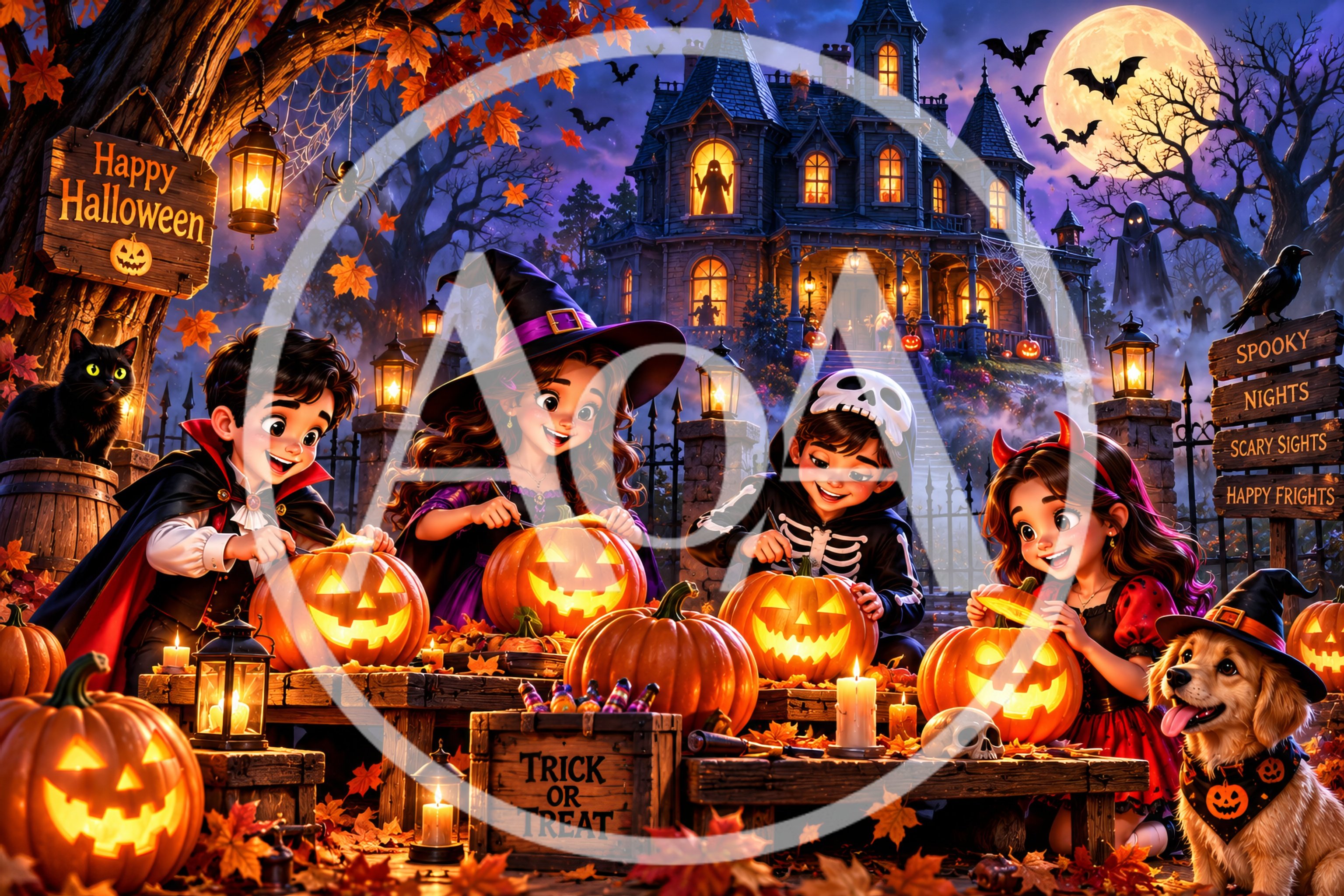 Children Carving Pumpkins for Halloween in Front of Haunted House