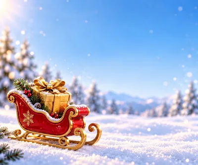 Christmas Sleigh With Golden Gift In Snowy Landscape