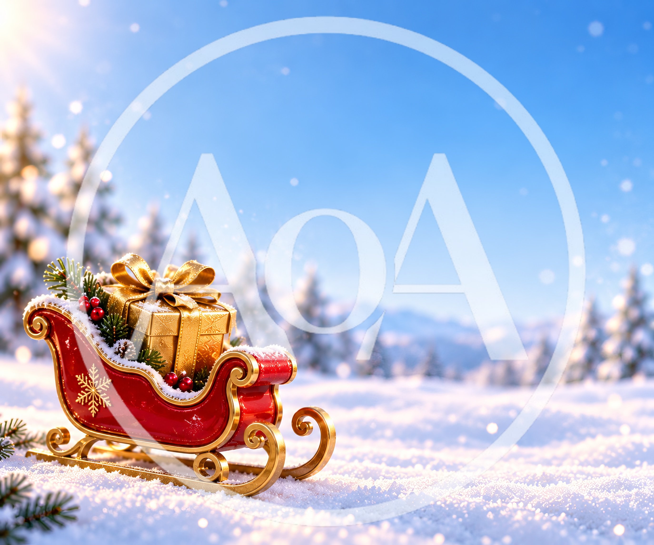 Christmas Sleigh With Golden Gift In Snowy Landscape